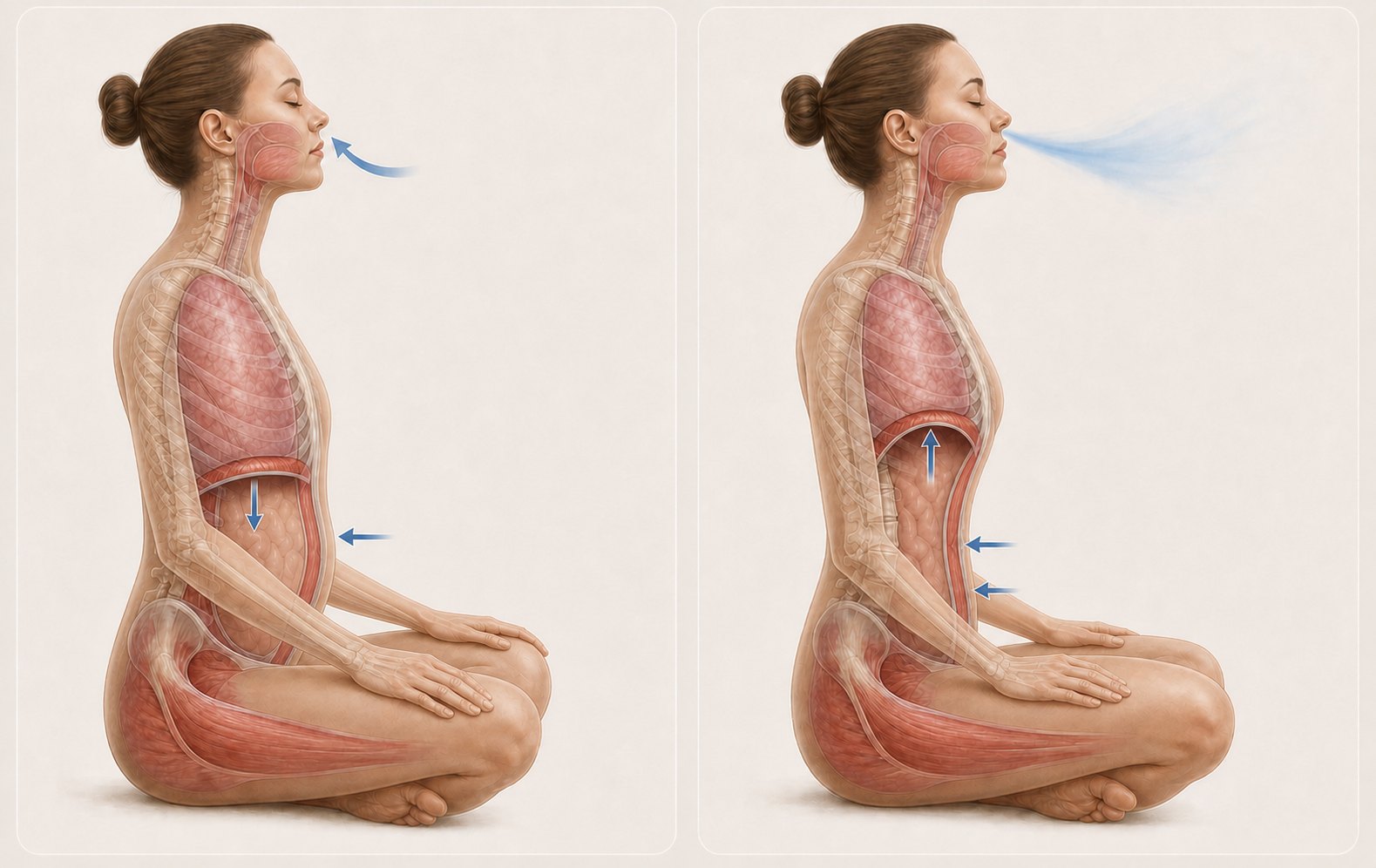 Side-view seated anatomy showing passive inhale and active exhale in Kapalabhati: diaphragm, lungs, ribs, abdomen and airflow movement.