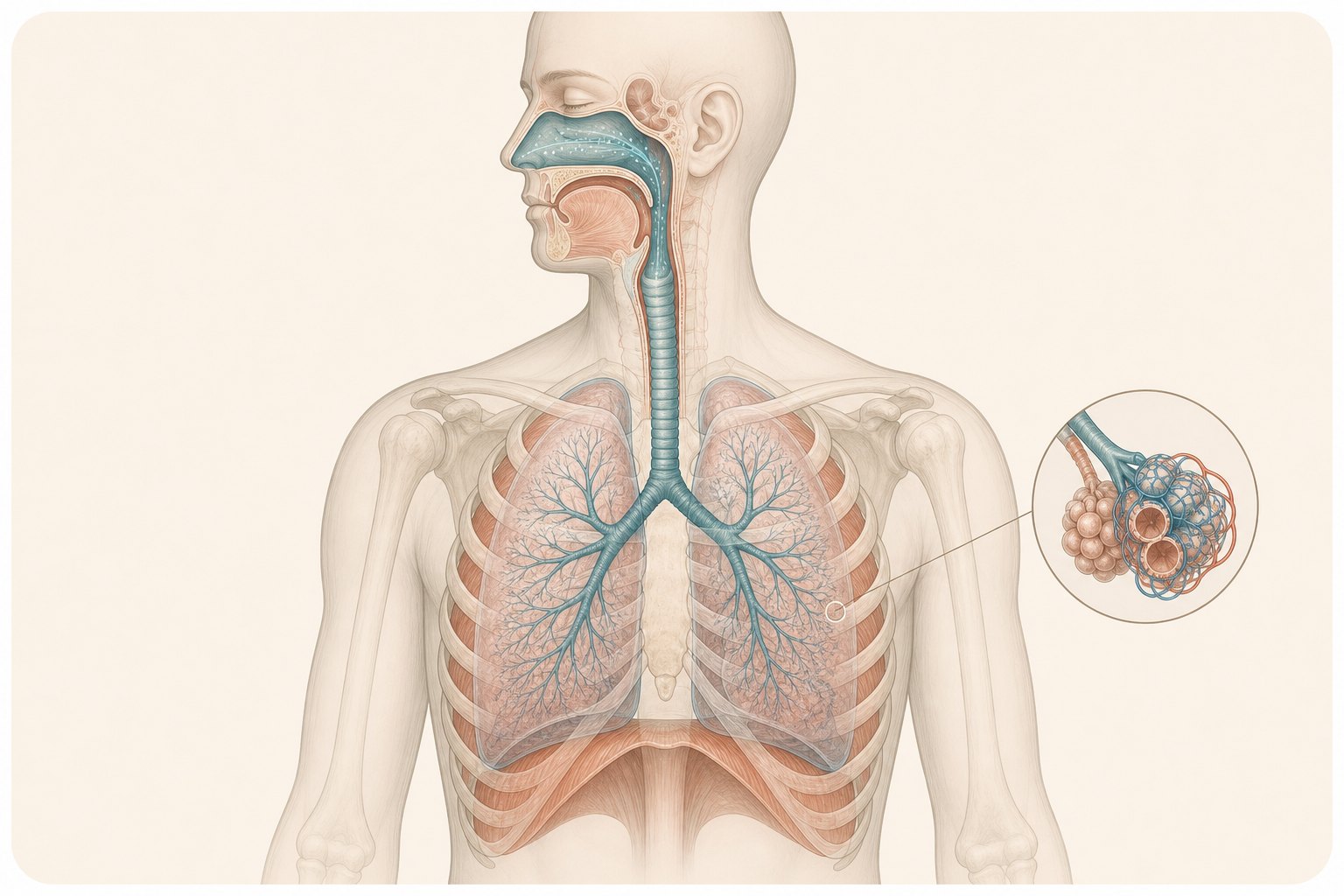 Transparent figure with the nasopharynx, trachea and large bronchi highlighted.