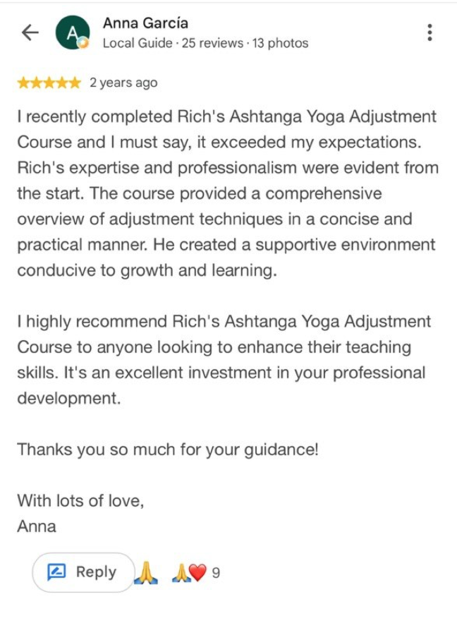 Original review by Anna Garcia about the Ashtanga Yoga Adjustment Course