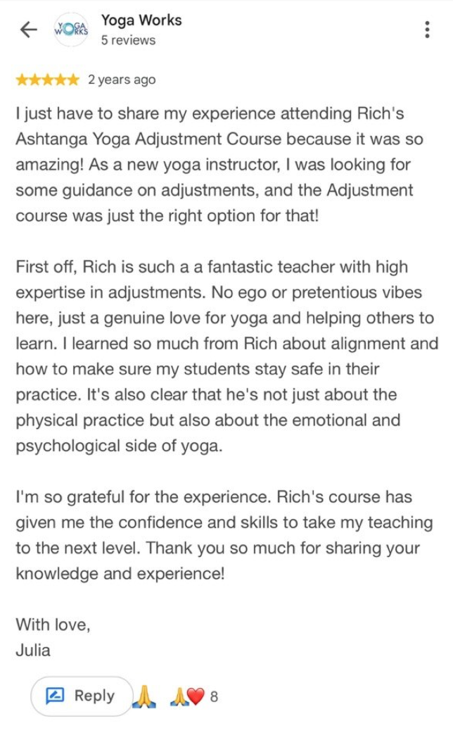 Original review by Julia about the Ashtanga Yoga Adjustment Course