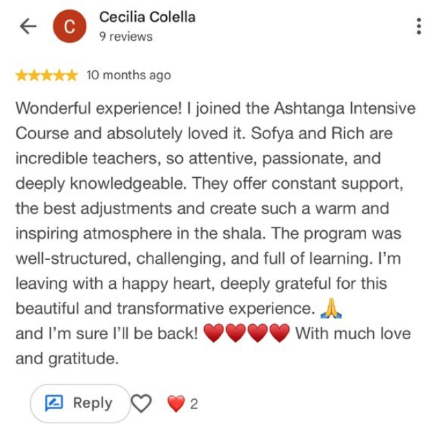 Screenshot of a review by Cecilia about the Ashtanga Intensive