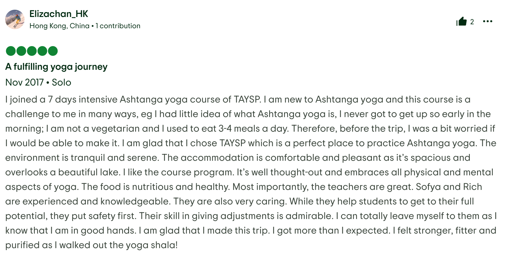 Screenshot of a TripAdvisor review by Eliza Chan about a 7-day Ashtanga intensive