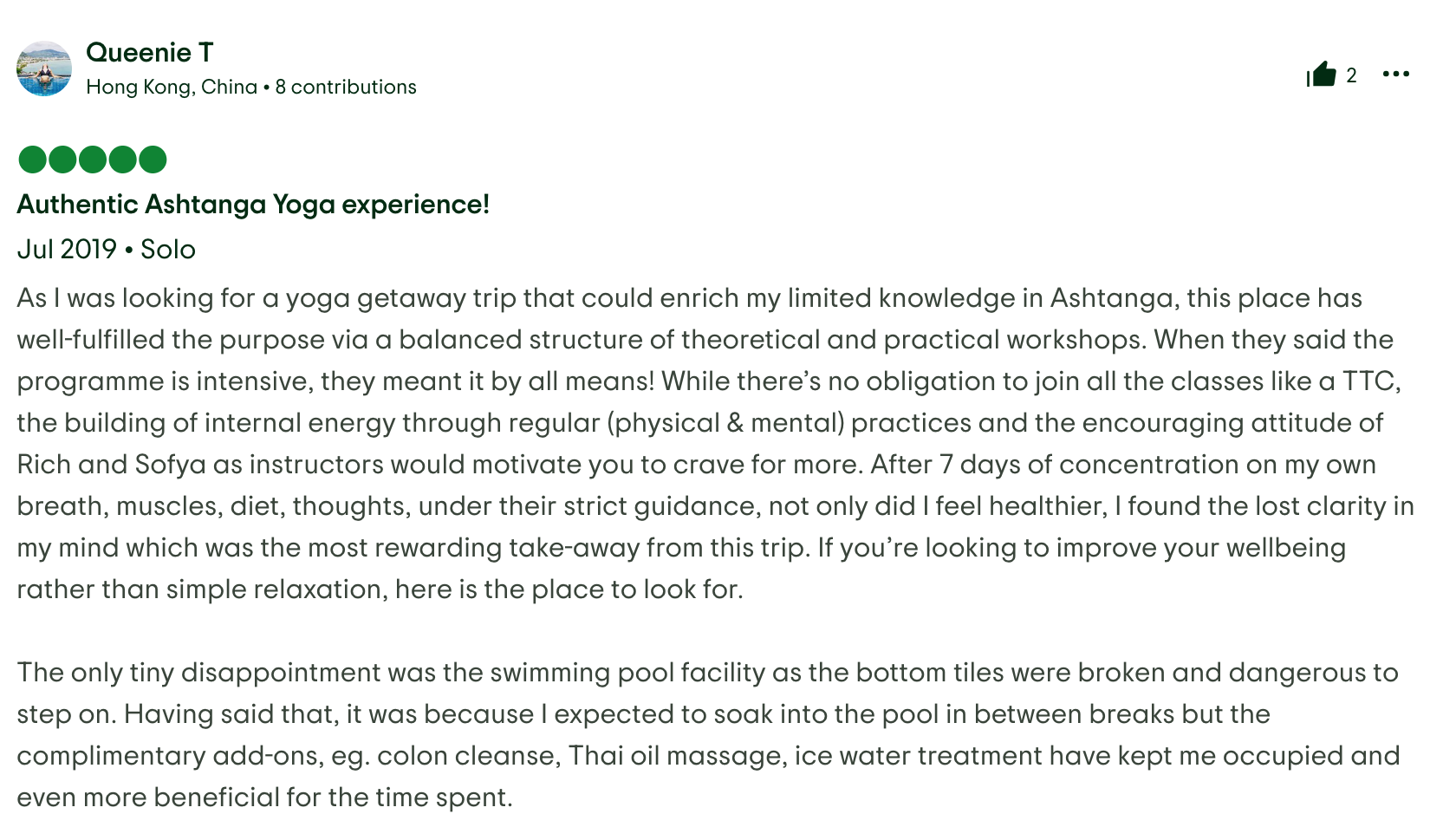 Screenshot of a review by Queenie about the Ashtanga Intensive