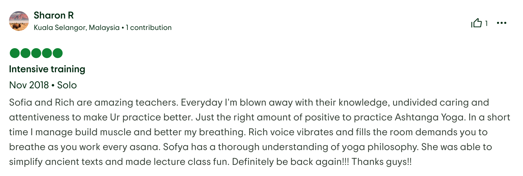 Screenshot of a TripAdvisor review by Sharon about the intensive training