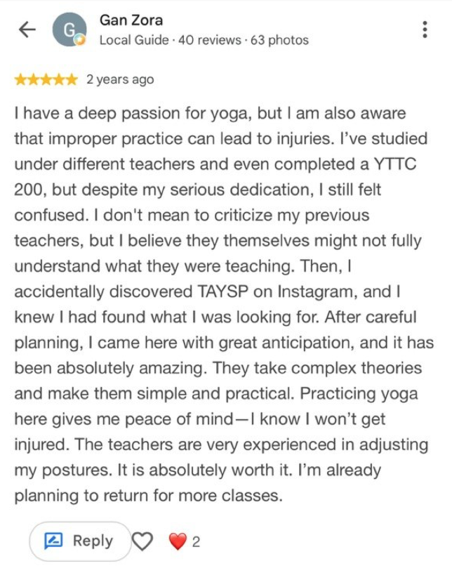 Screenshot of a review by Gan Zora about the Ashtanga Intensive