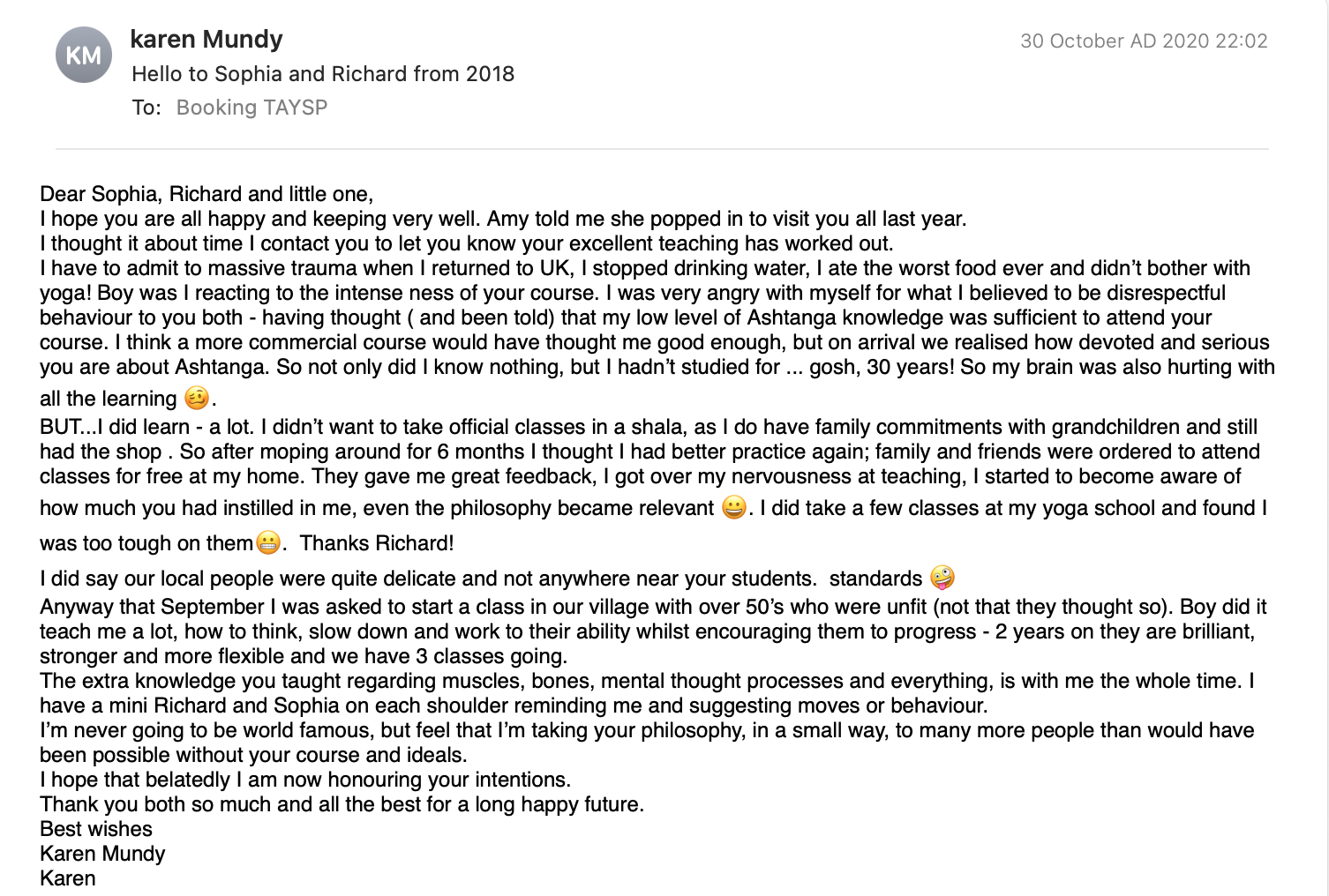 Karen Mundy's 2020 thank-you letter after her 2018 teacher training
