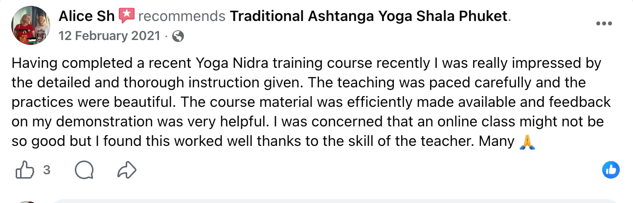 Screenshot of a review by Alice about the Yoga Nidra training