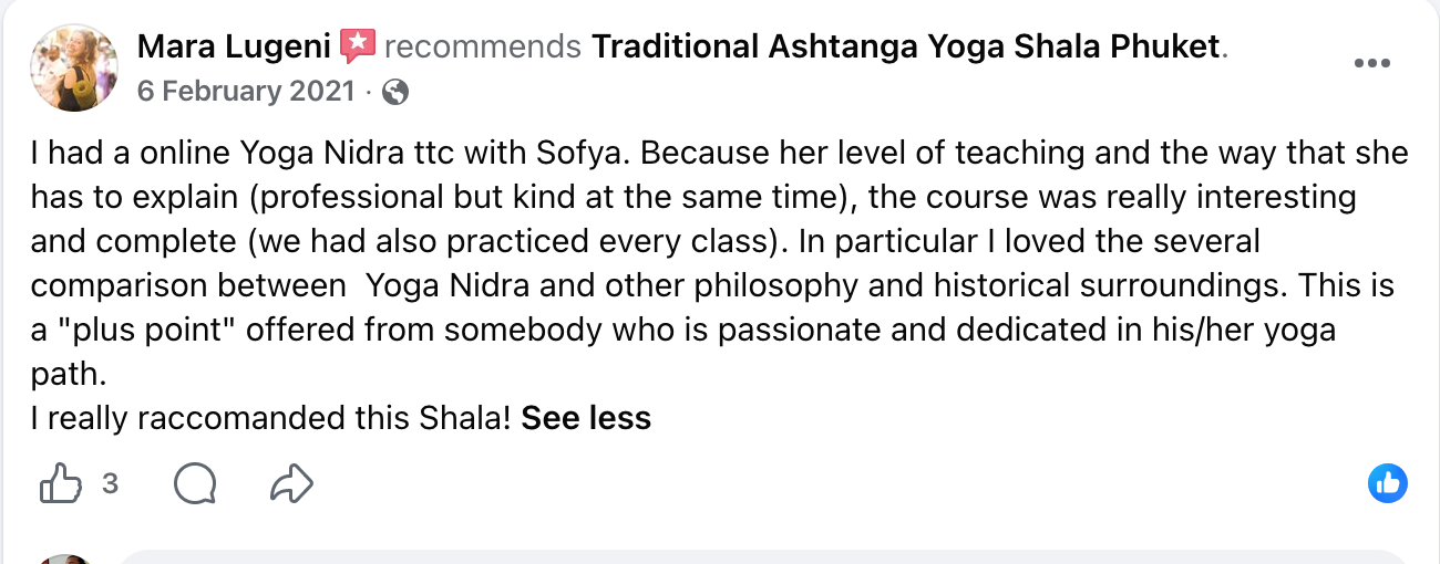 Screenshot of a review by Mara about the Yoga Nidra training