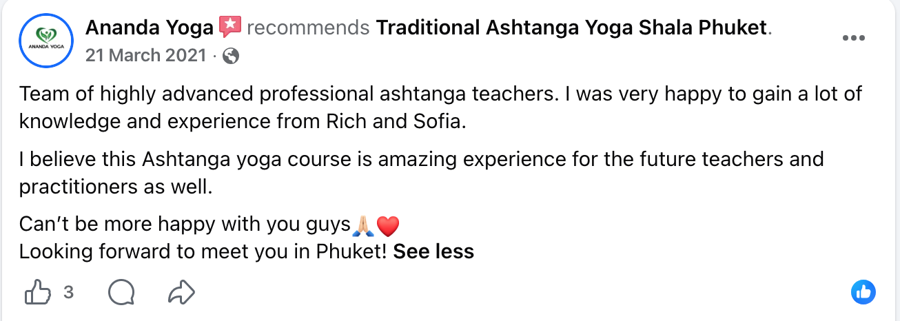 Screenshot of a Facebook recommendation by Ananda Yoga about the online training