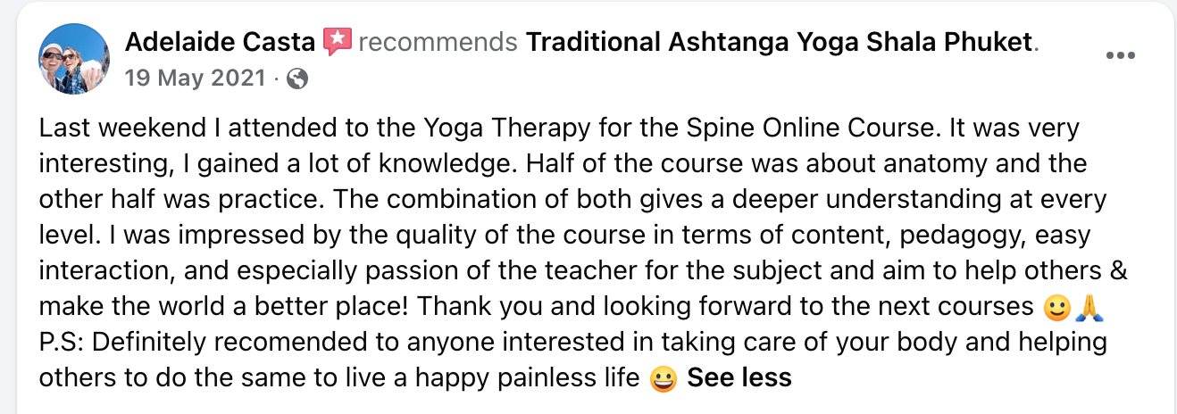Screenshot of a Facebook recommendation by Adelaide Casta about an online yoga therapy course